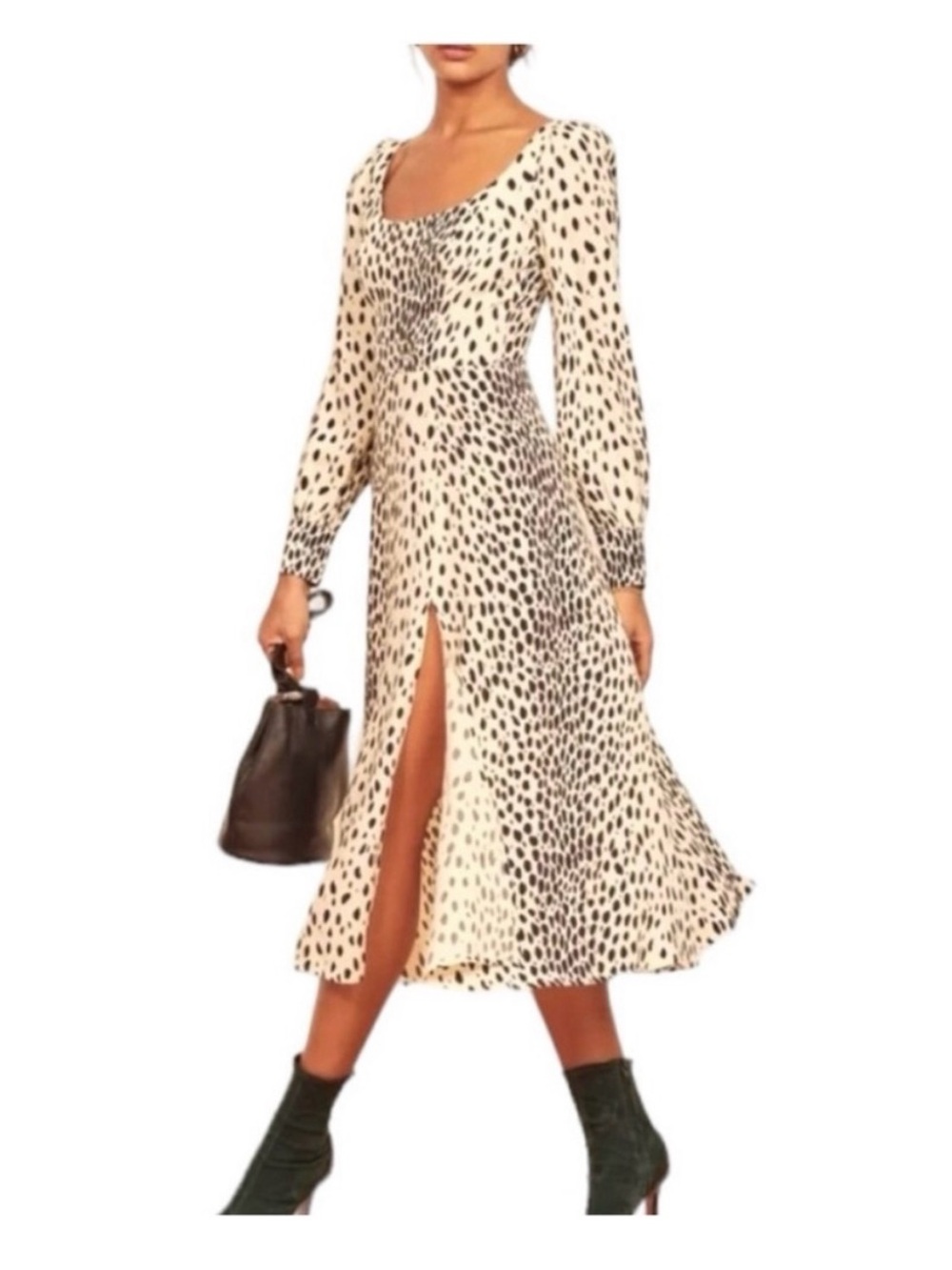 Reformation Alessi Women's Cream and Black Printed Long Sleeve Midi Dress